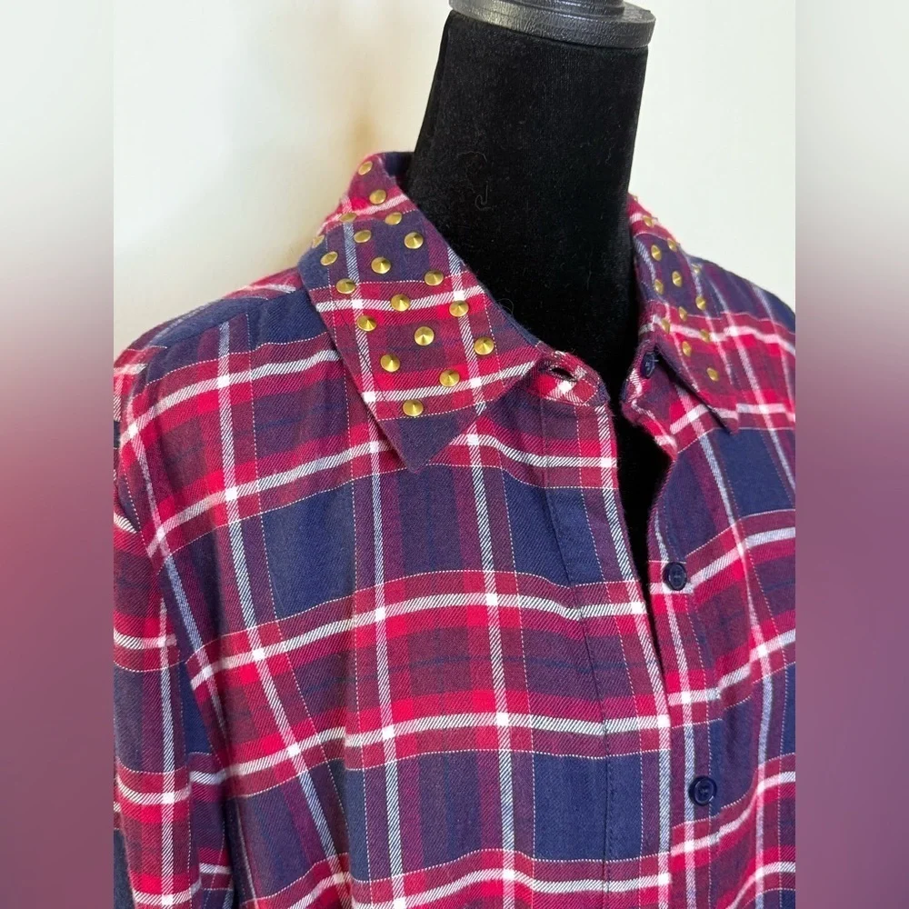 Michael Kors Red & Blue soft plaid flannel shirt studded western collar XL EUC